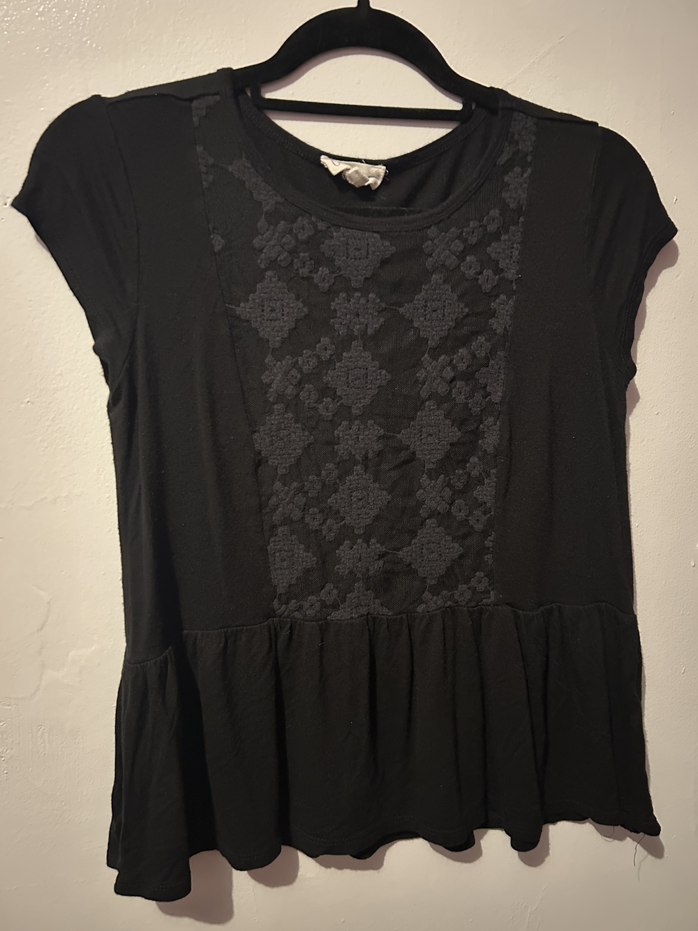 Cloud Chaser Black Short-Sleeve Lace-Panel Peplum Top